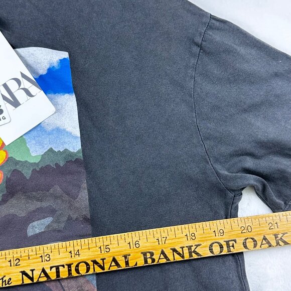 Zara Womens Distressed T-Shirt Sz S Big Bird Mona Lisa Graphic T-Shirt D.Gray - Picture 5 of 8